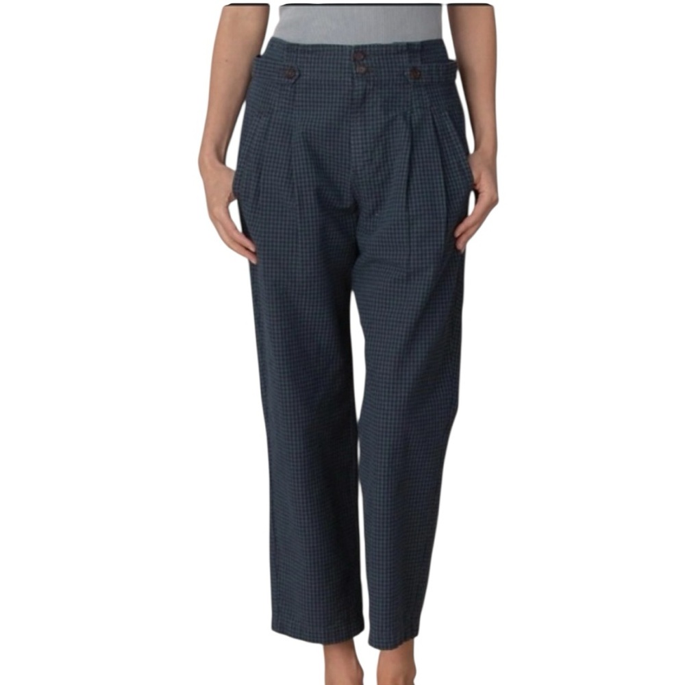Sundance Navy Blue Checked High-Waist Pleated Trousers